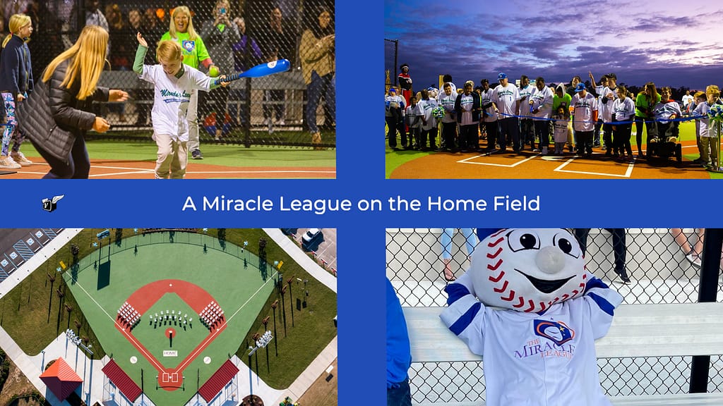 A collage of pictures depicting the Home Telecom Miracle League baseball field in Moncks Corner, South Carolina.