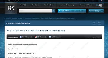 A screenshot of the FCC Website that features a report on an FCC pilot program dealing with Tele-psychiatry.