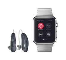 Apple Watch with a Smart App and ReSound hearing aid is depicted.