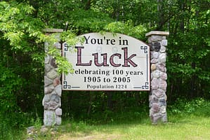 The welcome sign to Luck, WI.