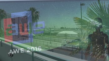 AWE 2016 logo overlaid on the parking lot of Levi Stadium