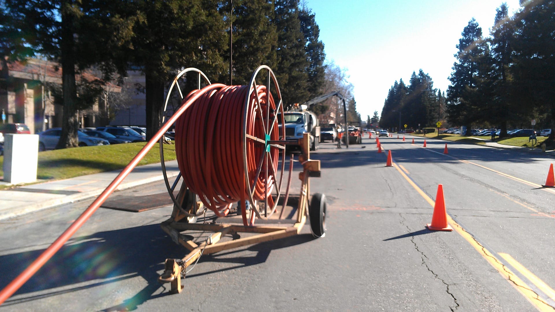 A fiber spool destined to be put underground for a Comcast business network.