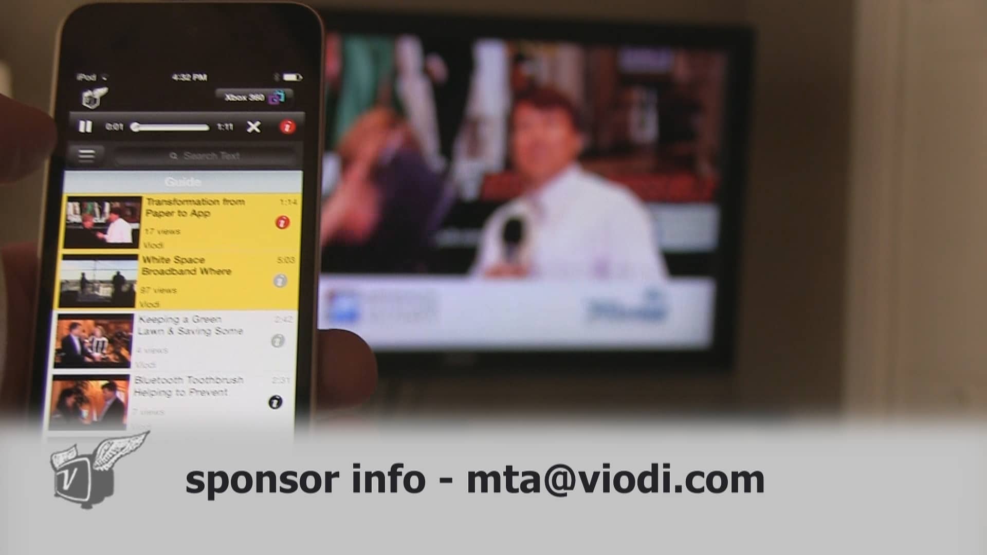 An image depicting the ViodiTV app with the video playing on TV.