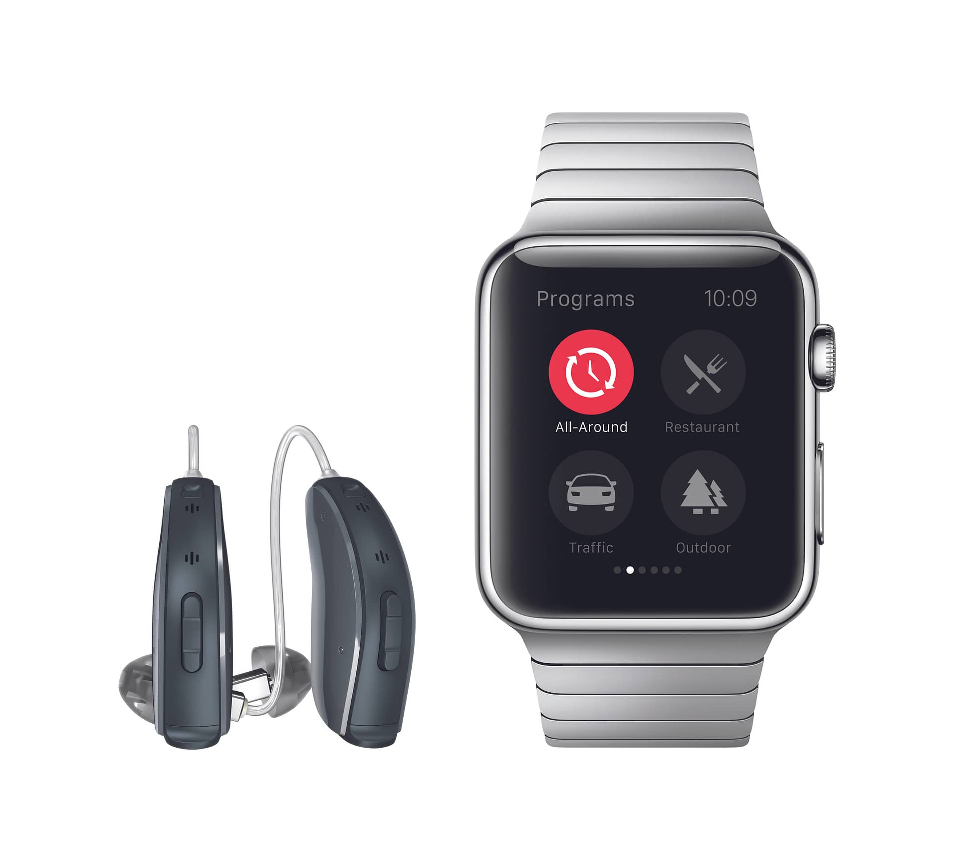 Apple Watch with a Smart App and ReSound hearing aid is depicted.