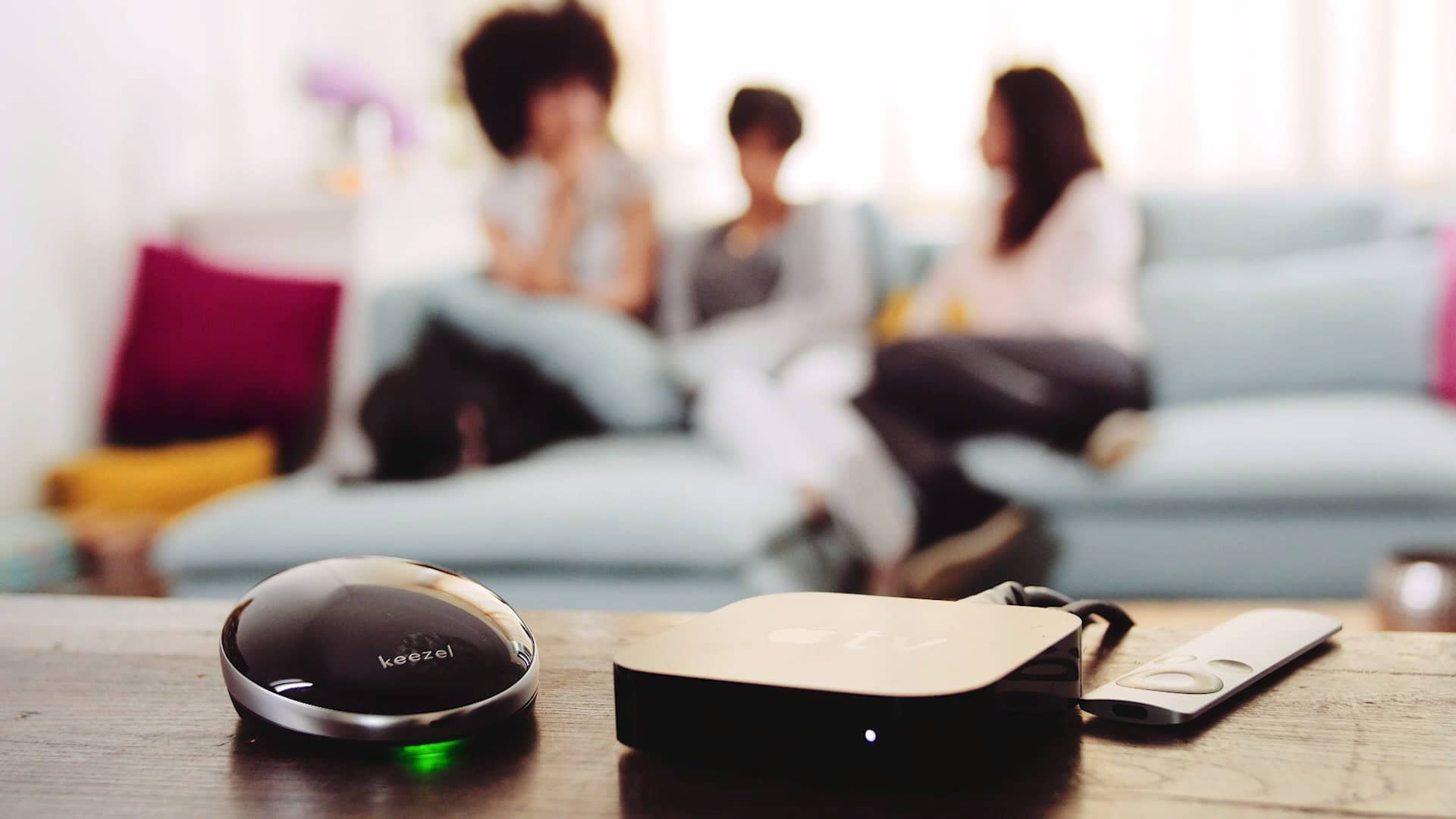 A Keezel with an Apple TV in a typical living room, allowing secure VPN access to networks anywhere.