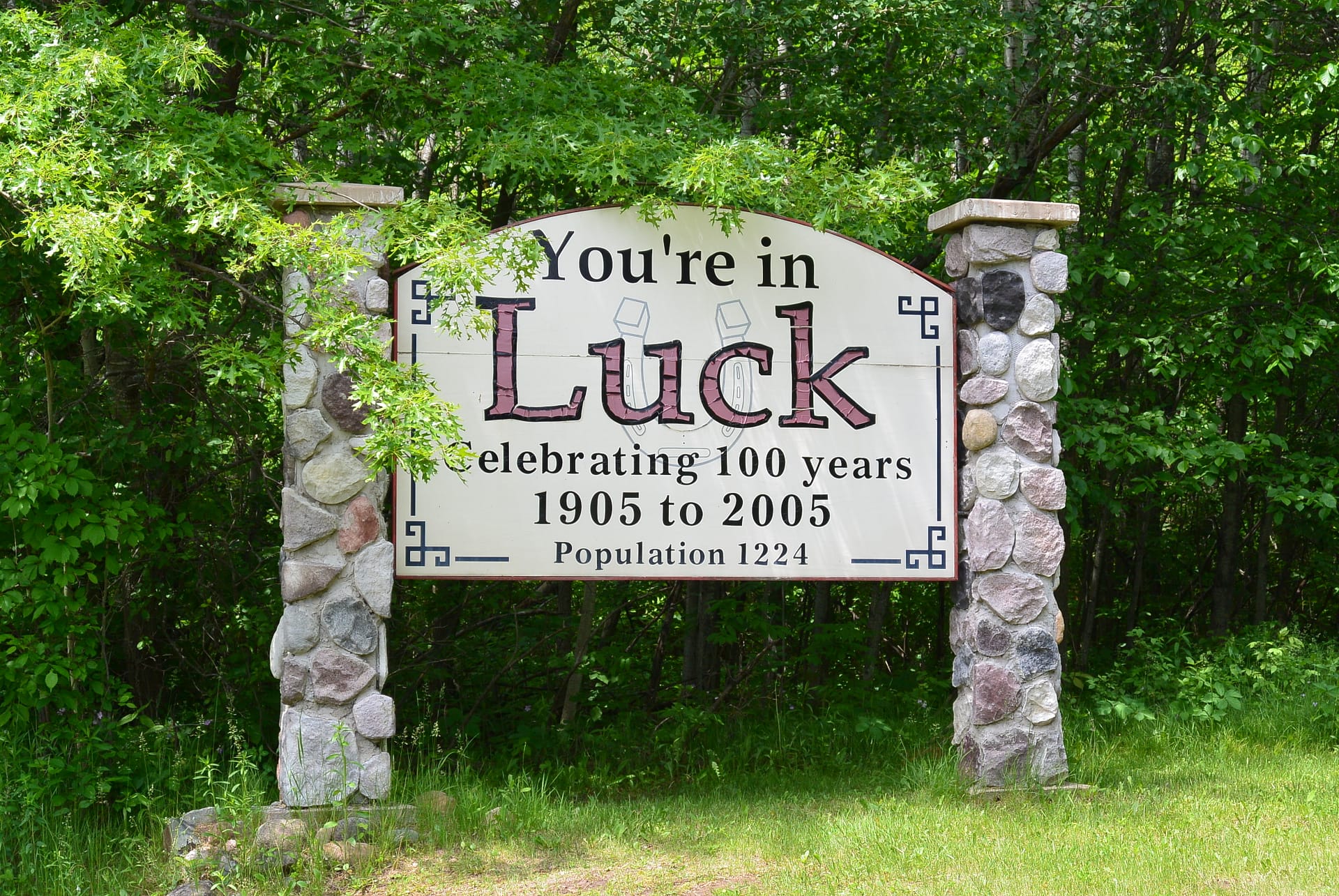 The welcome sign to Luck, WI.