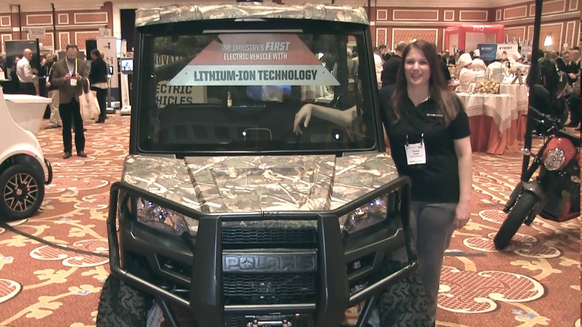 Donna Beadle with the Polaris Ranger EV at Showstoppers at CES 2016.