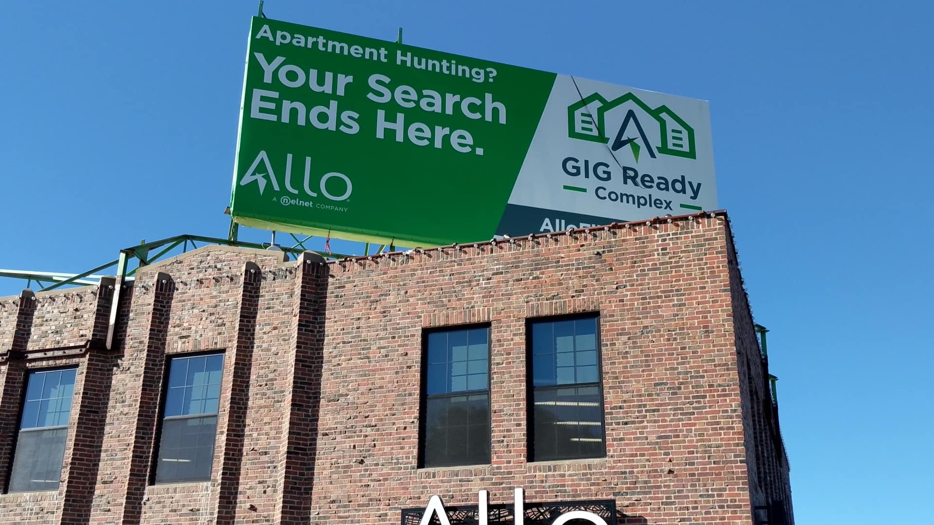 An Allo Communications billboard in Lincoln, NE advertising their Gigabit fiber optic broadband.
