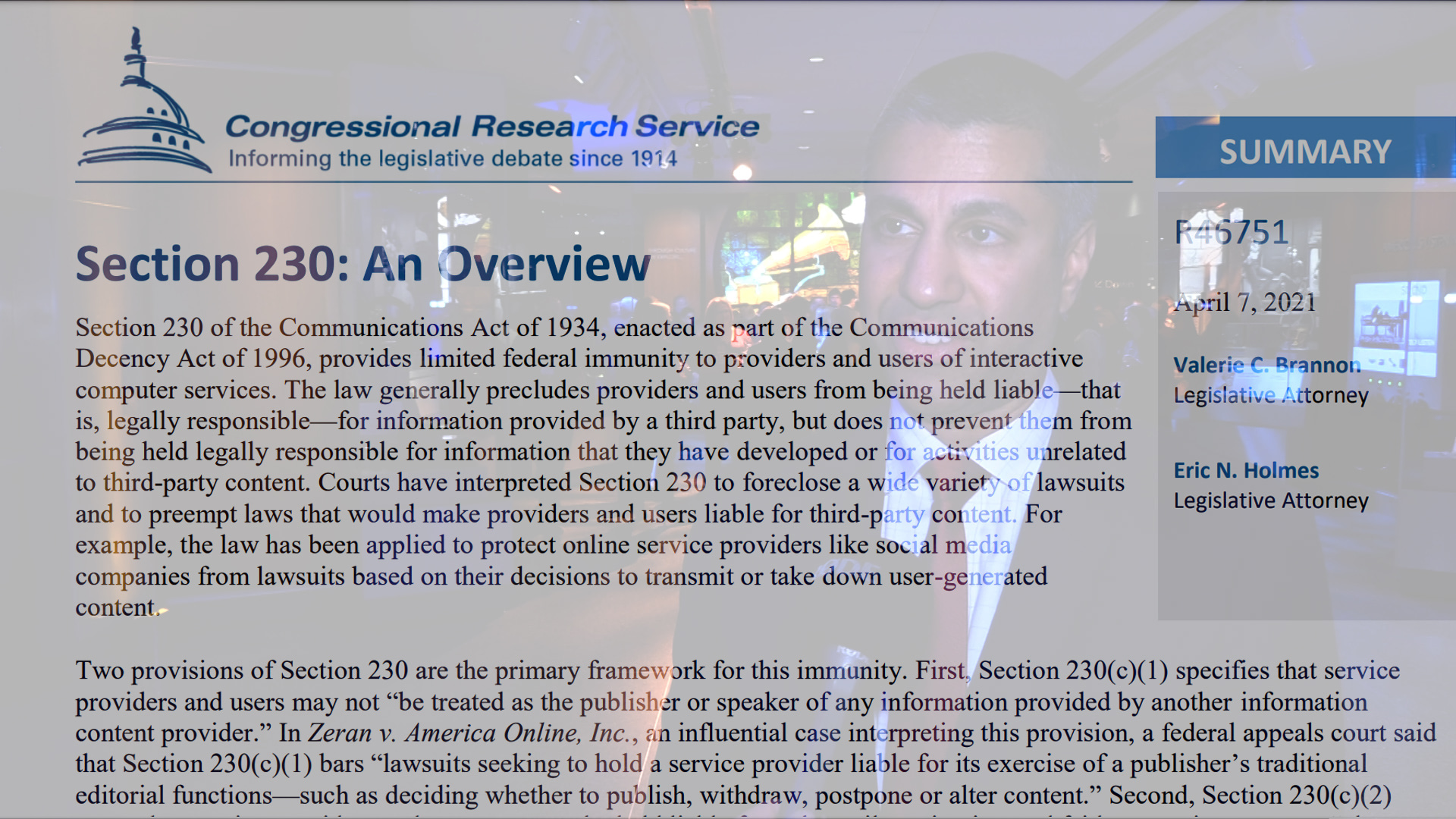 An image of Ajit Pai overlaid onto the CRS report on Section 230 of the Telecom Act.