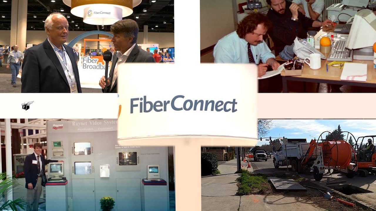 Four images from the interview with Bernd Hesse at the Fiber Connect 2023. Images show Bernd Hesse and Ken Pyle from the 1990s as well as an image of fiber construction.