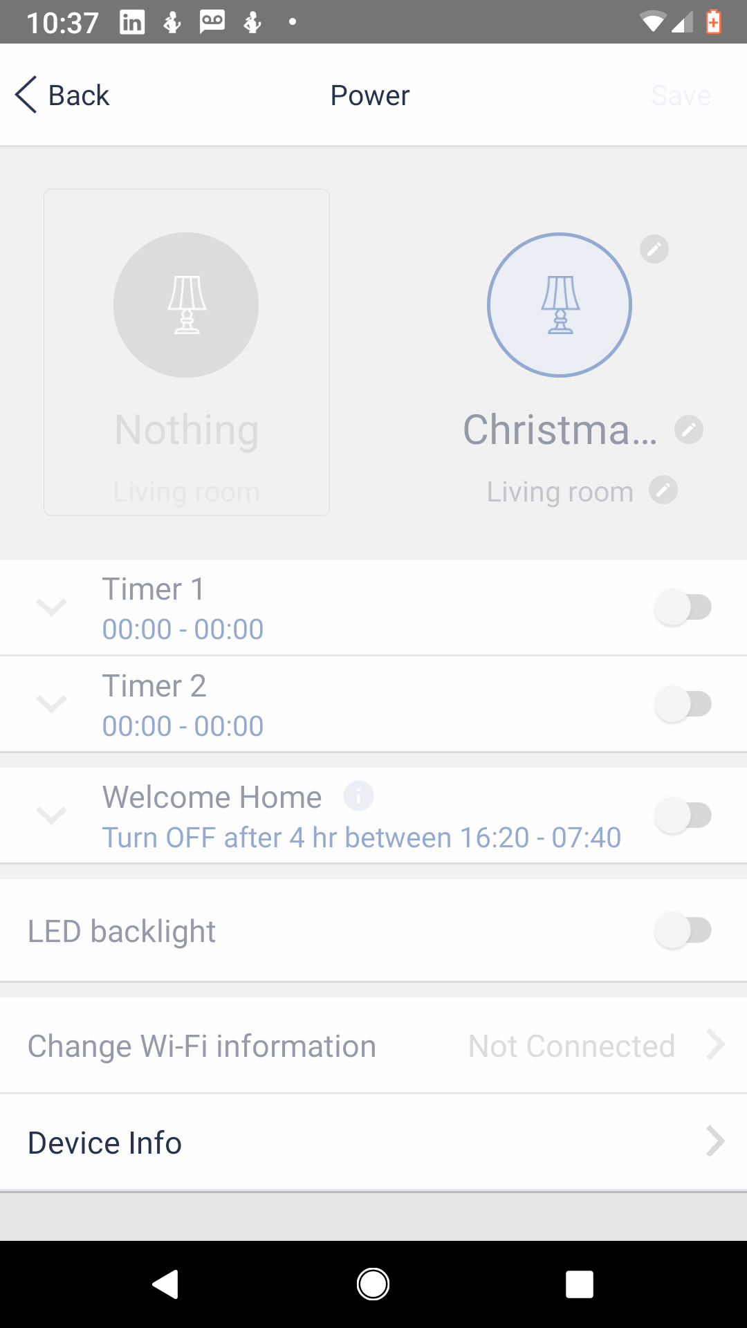Screenshot of Swtichmate app in the settings mode.. The device is is working but it appears disconnected.